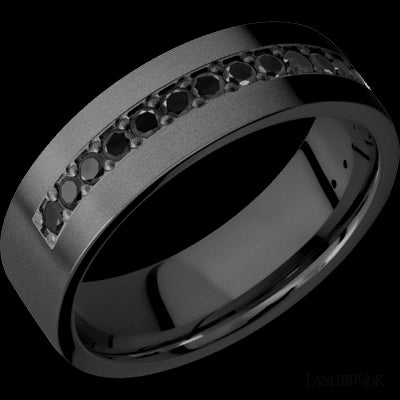 7 mm wide/Flat/Zirconium band with a Half Eternity arrangement of .03 carat Round Black Diamond stones in a Bead setting.