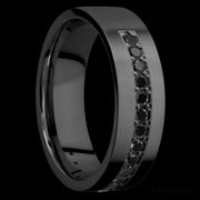 7 mm wide/Flat/Zirconium band with a Half Eternity arrangement of .03 carat Round Black Diamond stones in a Bead setting.