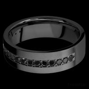 7 mm wide/Flat/Zirconium band with a Half Eternity arrangement of .03 carat Round Black Diamond stones in a Bead setting.