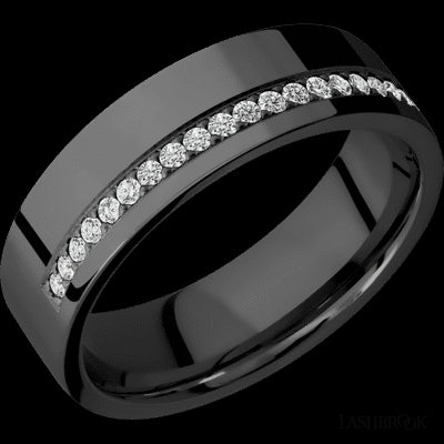 7 mm wide/Flat/Zirconium band with a Off Center Half Eternity arrangement of .015 carat Round Diamond stones in a Bead setting.