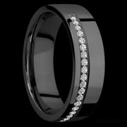 7 mm wide/Flat/Zirconium band with a Off Center Half Eternity arrangement of .015 carat Round Diamond stones in a Bead setting.