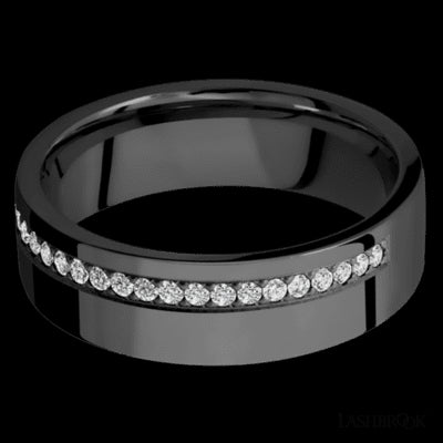 7 mm wide/Flat/Zirconium band with a Off Center Half Eternity arrangement of .015 carat Round Diamond stones in a Bead setting.