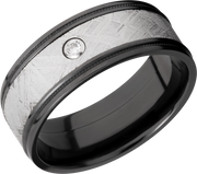 Zirconium 8.5mm flat band with reverse milgrain around an inlay of authentic Gibeon meteorite and white diamond accent