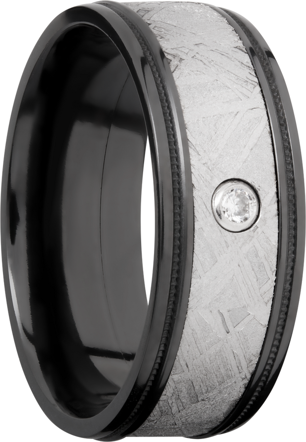 Zirconium 8.5mm flat band with reverse milgrain around an inlay of authentic Gibeon meteorite and white diamond accent