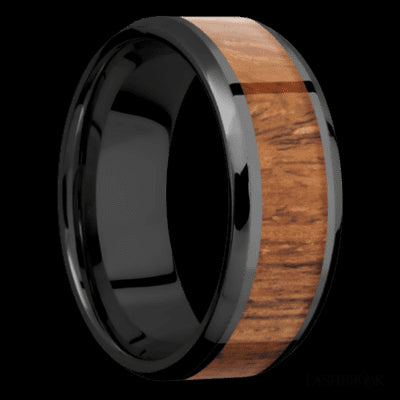 8 mm wide/Beveled/Zirconium band with one 5 mm Centered inlay of Desert Iron Wood.