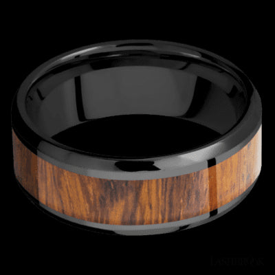 8 mm wide/Beveled/Zirconium band with one 5 mm Centered inlay of Desert Iron Wood.