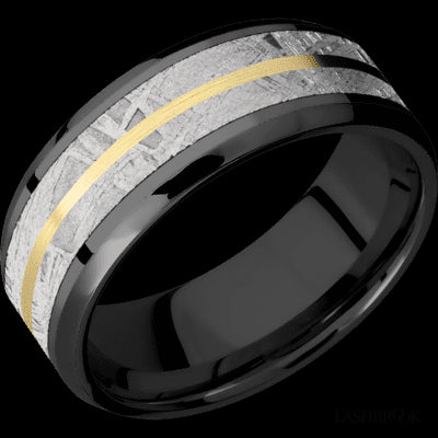 8 mm wide/Beveled/Zirconium band featuring inlays of Meteorite and 14K Yellow Gold.