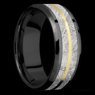 8 mm wide/Beveled/Zirconium band featuring inlays of Meteorite and 14K Yellow Gold.