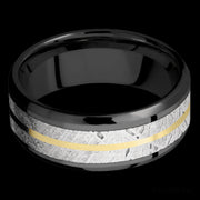 8 mm wide/Beveled/Zirconium band featuring inlays of Meteorite and 14K Yellow Gold.