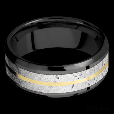 8 mm wide/Beveled/Zirconium band featuring inlays of Meteorite and 14K Yellow Gold.