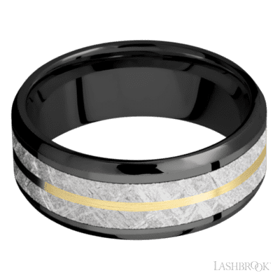 8 mm wide/Beveled/Zirconium band featuring inlays of Meteorite and 14K Yellow Gold.