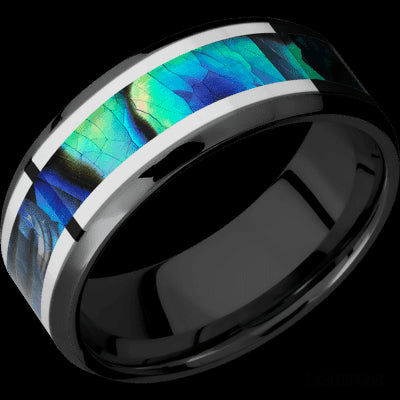 8 mm wide/Beveled/Zirconium band featuring inlays of Palladium Silver and Abalone.