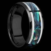 8 mm wide/Beveled/Zirconium band featuring inlays of Palladium Silver and Abalone.