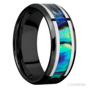 8 mm wide/Beveled/Zirconium band featuring inlays of Palladium Silver and Abalone.