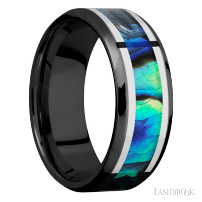 8 mm wide/Beveled/Zirconium band featuring inlays of Palladium Silver and Abalone.