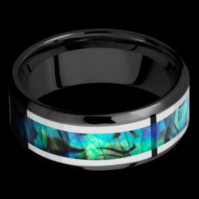 8 mm wide/Beveled/Zirconium band featuring inlays of Palladium Silver and Abalone.