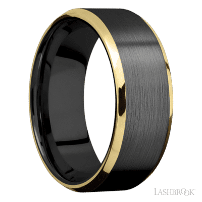 8 mm wide/Beveled/Zirconium band with two 1 mm Edge inlays of 14K Yellow Gold.