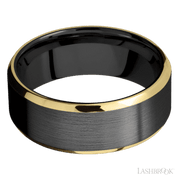 8 mm wide/Beveled/Zirconium band with two 1 mm Edge inlays of 14K Yellow Gold.