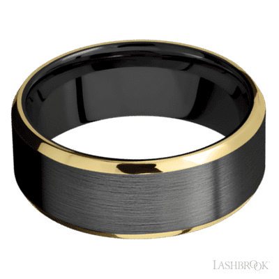 8 mm wide/Beveled/Zirconium band with two 1 mm Edge inlays of 14K Yellow Gold.