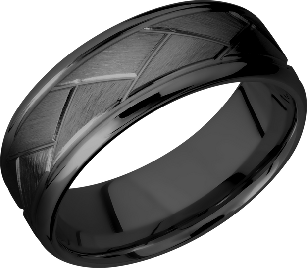 Zirconium 8mm beveled band with a laser-carved flat weave pattern