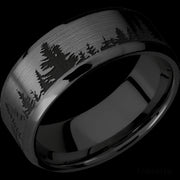 8 mm wide/Beveled/Zirconium band with a laser carved Trees pattern.