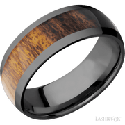 8 mm wide/Domed/Zirconium band with one 5 mm Centered inlay of Desert Iron Wood.