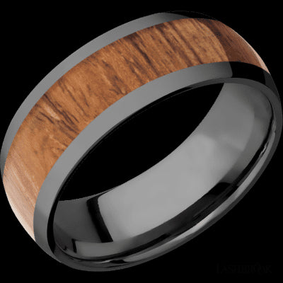 8 mm wide/Domed/Zirconium band with one 5 mm Centered inlay of Desert Iron Wood.