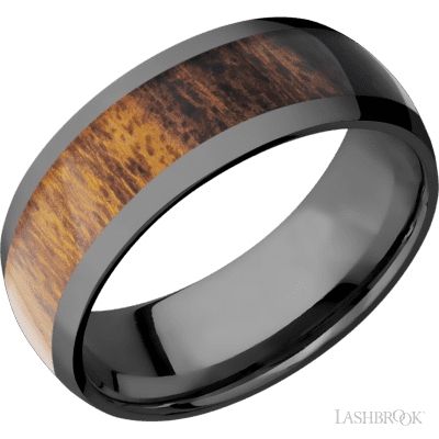 8 mm wide/Domed/Zirconium band with one 5 mm Centered inlay of Desert Iron Wood.