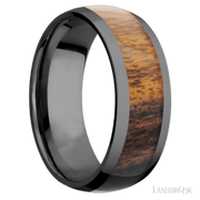 8 mm wide/Domed/Zirconium band with one 5 mm Centered inlay of Desert Iron Wood.