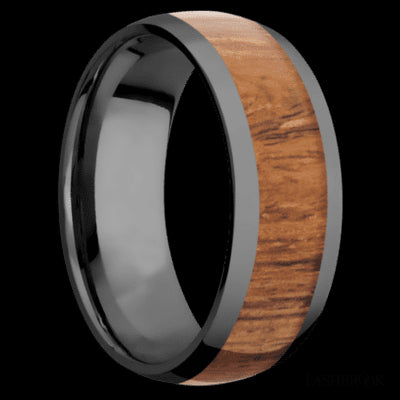 8 mm wide/Domed/Zirconium band with one 5 mm Centered inlay of Desert Iron Wood.