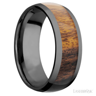8 mm wide/Domed/Zirconium band with one 5 mm Centered inlay of Desert Iron Wood.
