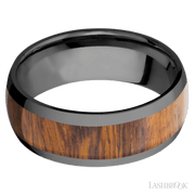 8 mm wide/Domed/Zirconium band with one 5 mm Centered inlay of Desert Iron Wood.