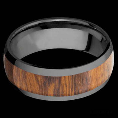 8 mm wide/Domed/Zirconium band with one 5 mm Centered inlay of Desert Iron Wood.