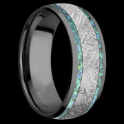 8 mm wide/Domed/Zirconium band featuring inlays of Teal Opal and Meteorite.