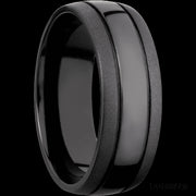 8 mm wide Domed with two accent grooves Zirconium band.