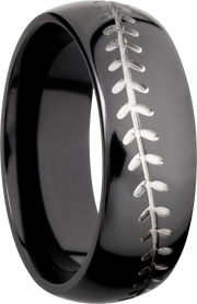 Zirconium 8mm domed band with a laser-carved baseball stitch