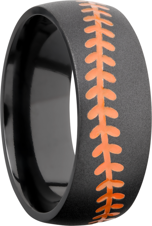 Zirconium 8mm domed band with a laser-carved baseball stitch and orange Cerakote in the recessed stitching