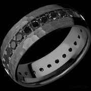 8 mm wide/Domed/Zirconium band with an Eternity arrangement of .05 carat Round Black Diamond stones in a Bead setting.