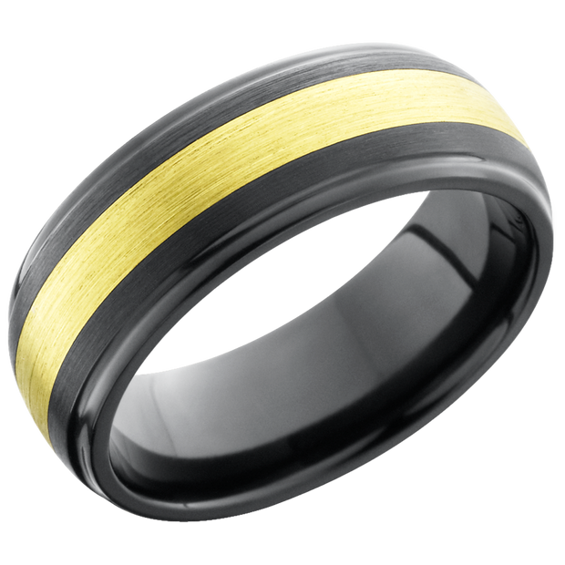 Zirconium 8mm domed band with grooved edges and inlay of 18K yellow gold