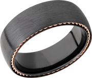 Zirconium 8mm domed band with 14K rose gold sidebraid edging