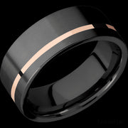 8 mm wide/Flat/Zirconium band with one 1 mm Off Center inlay of 14K Rose Gold.