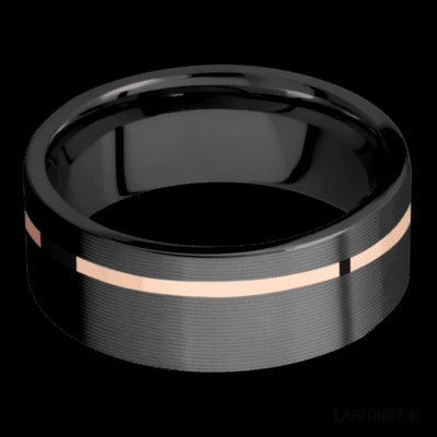 8 mm wide/Flat/Zirconium band with one 1 mm Off Center inlay of 14K Rose Gold.