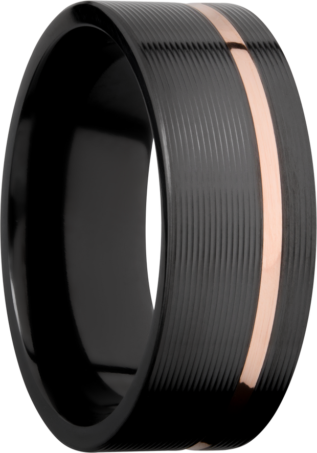 Zirconium 8mm flat band with an off center inlay of 14K rose gold