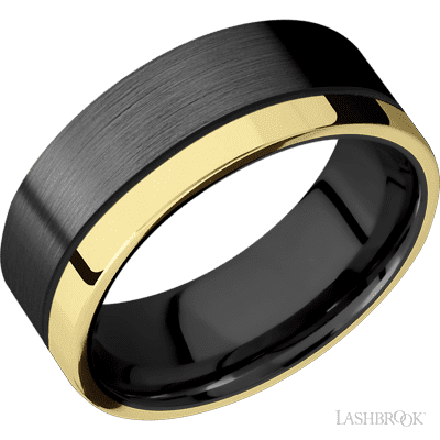 8 mm wide/Flat/Zirconium band with one 2 mm Off Center Edge inlay of 14K Yellow Gold.