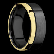 8 mm wide/Flat/Zirconium band with one 2 mm Off Center Edge inlay of 14K Yellow Gold.