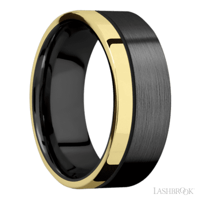 8 mm wide/Flat/Zirconium band with one 2 mm Off Center Edge inlay of 14K Yellow Gold.