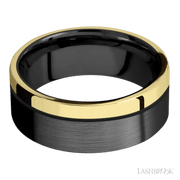 8 mm wide/Flat/Zirconium band with one 2 mm Off Center Edge inlay of 14K Yellow Gold.