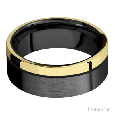 8 mm wide/Flat/Zirconium band with one 2 mm Off Center Edge inlay of 14K Yellow Gold.