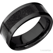 8 mm wide/Flat/Zirconium band with one 5 mm Centered inlay of Dinosaur Bone Black.