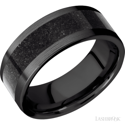 8 mm wide/Flat/Zirconium band with one 5 mm Centered inlay of Dinosaur Bone Black.